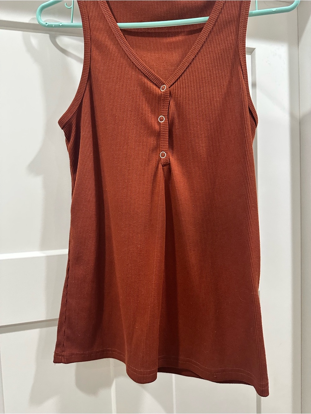 Ribbed V-Neck Tank Top with Button Detail - Rust